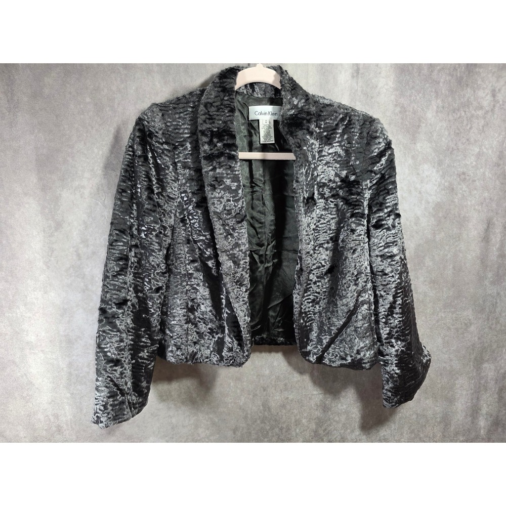 Calvin Klein Womens Faux Fur Jacket Charcoal Grey Cropped Bolero Coat Size M